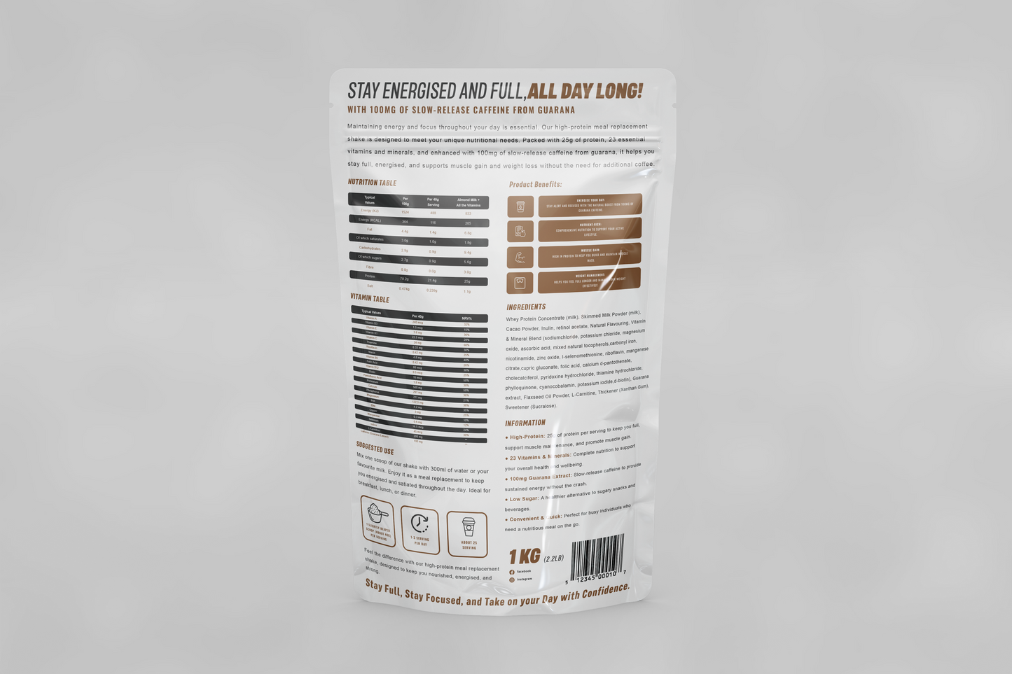 High-Protein Meal Replacement Shake with Slow-Release Caffeine.